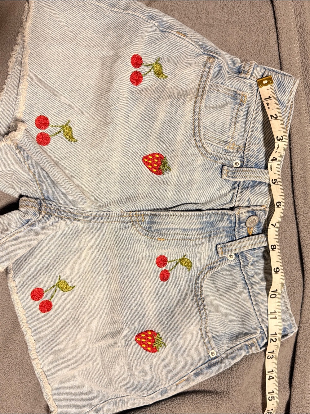 Old Navy Light Blue Denim Shorts with Red Fruit Embroidery